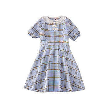 Rochie moderna de dama in carouri cu maneci scurte in albastru, galben si roz