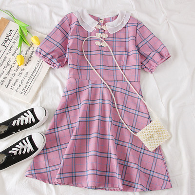 Rochie moderna de dama in carouri cu maneci scurte in albastru, galben si roz