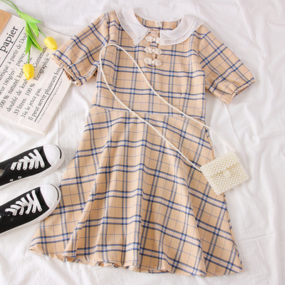 Rochie moderna de dama in carouri cu maneci scurte in albastru, galben si roz