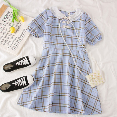 Rochie moderna de dama in carouri cu maneci scurte in albastru, galben si roz