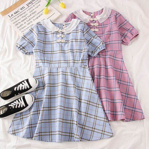 Rochie moderna de dama in carouri cu maneci scurte in albastru, galben si roz