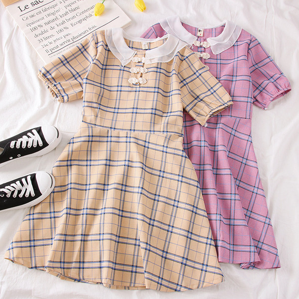 Rochie moderna de dama in carouri cu maneci scurte in albastru, galben si roz