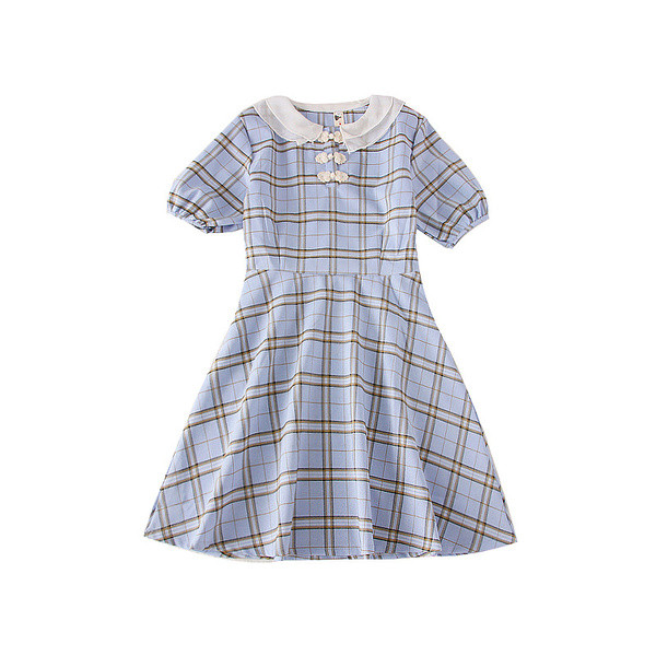 Rochie moderna de dama in carouri cu maneci scurte in albastru, galben si roz