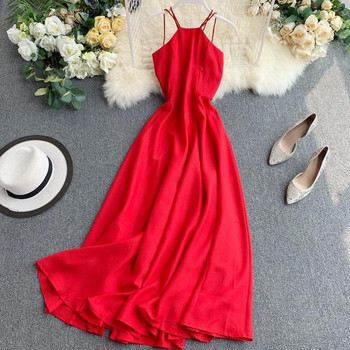 Rochie moderna de dama lunga cu bretele in alb si rosu