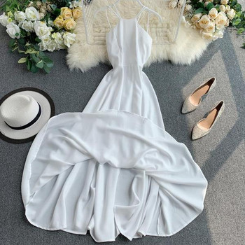 Rochie moderna de dama lunga cu bretele in alb si rosu