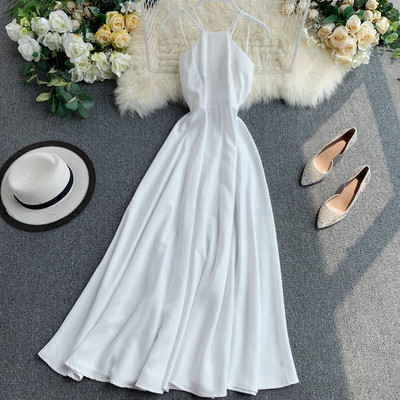 Rochie moderna de dama lunga cu bretele in alb si rosu