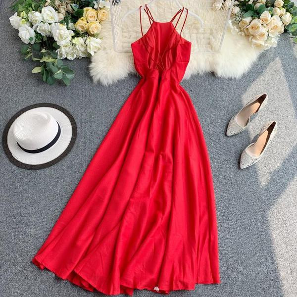 Rochie moderna de dama lunga cu bretele in alb si rosu