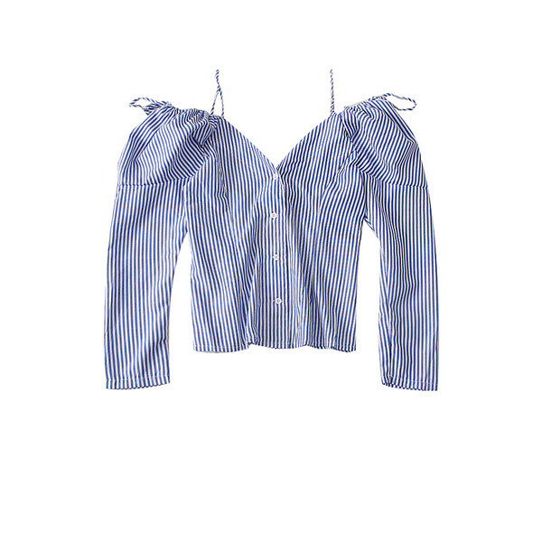 Cămașă modernă de damă în dungi cu decolteu în V în albastru și negru