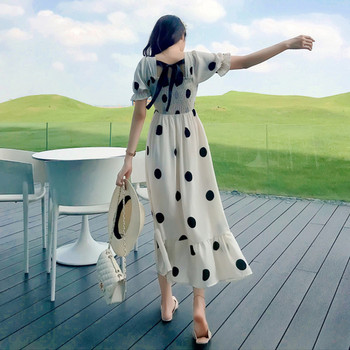 Rochie actuală de damă lungă cu buline în alb și negru