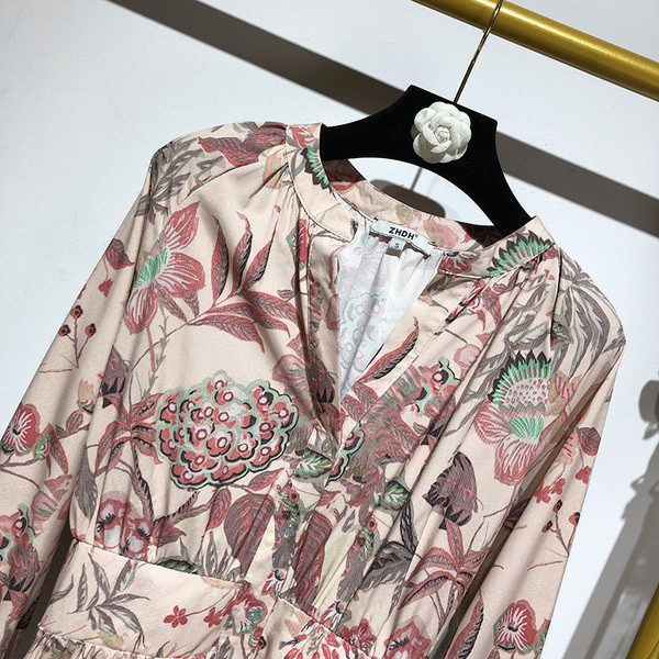 Rochie lunga de dama cu maneci lungi si model floral