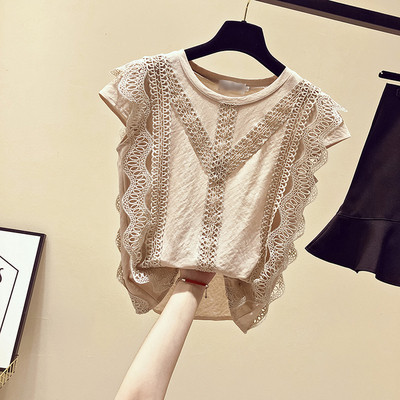 Bluză de damă elegantă cu mâneci scurte și dantelă alb-negru