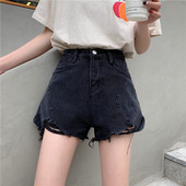 Pantaloni scurți moderni din denim cu talie înaltă și motive rupte în negru și albastru