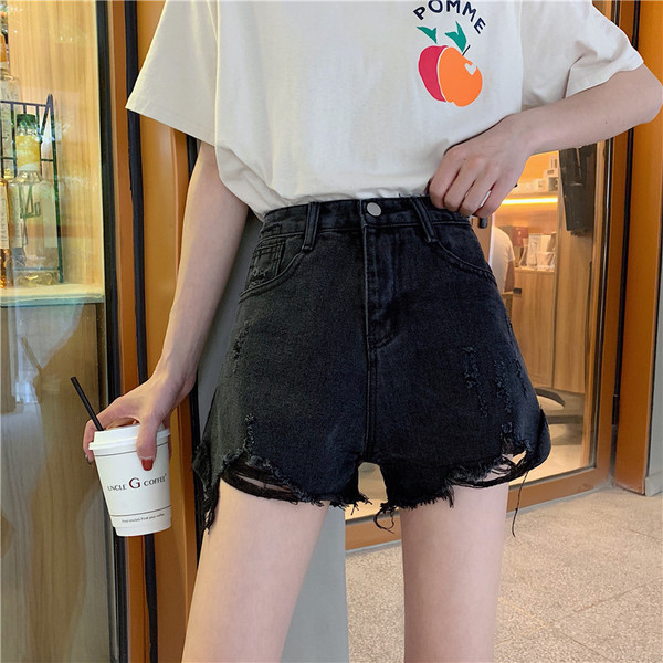 Pantaloni scurți moderni din denim cu talie înaltă și motive rupte în negru și albastru