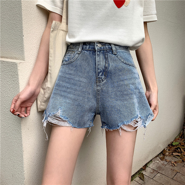 Pantaloni scurți moderni din denim cu talie înaltă și motive rupte în negru și albastru