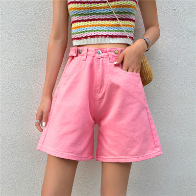 Női rövidnadrág széles modell magas derékkal, kék és rózsaszín színben