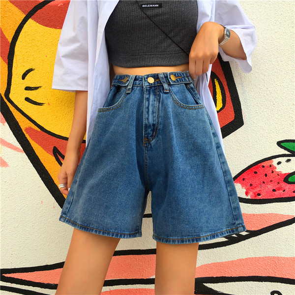 Női rövidnadrág széles modell magas derékkal, kék és rózsaszín színben