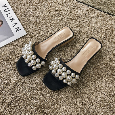 Papuci eleganti de dama cu perle in negru, bej si verde