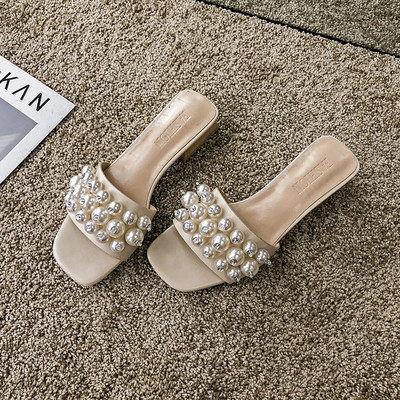 Papuci eleganti de dama cu perle in negru, bej si verde