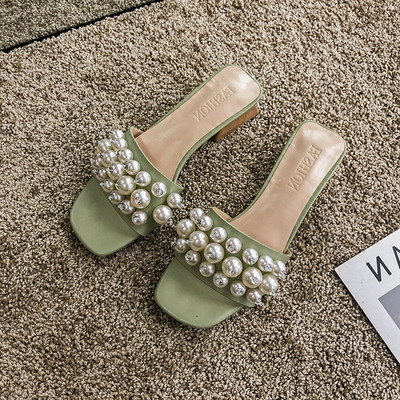 Papuci eleganti de dama cu perle in negru, bej si verde