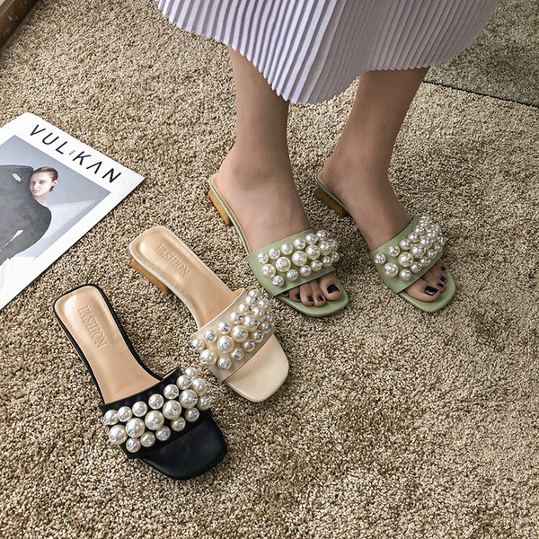 Papuci eleganti de dama cu perle in negru, bej si verde