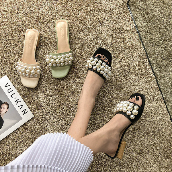 Papuci eleganti de dama cu perle in negru, bej si verde