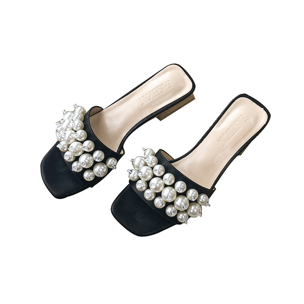 Papuci eleganti de dama cu perle in negru, bej si verde