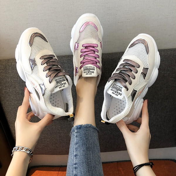 Nyári női tornacipő hálóval, rózsaszín és barna színben