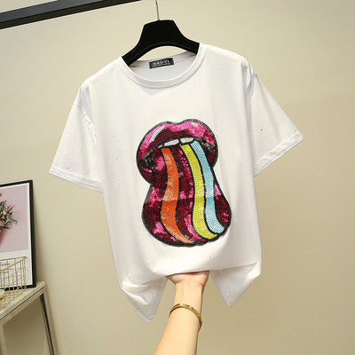 Modern női póló színes flitterekkel, fekete-fehérben