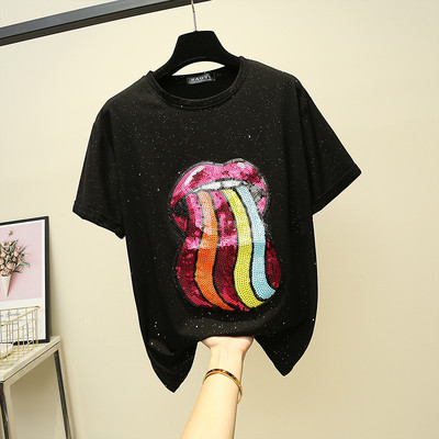 Modern női póló színes flitterekkel, fekete-fehérben