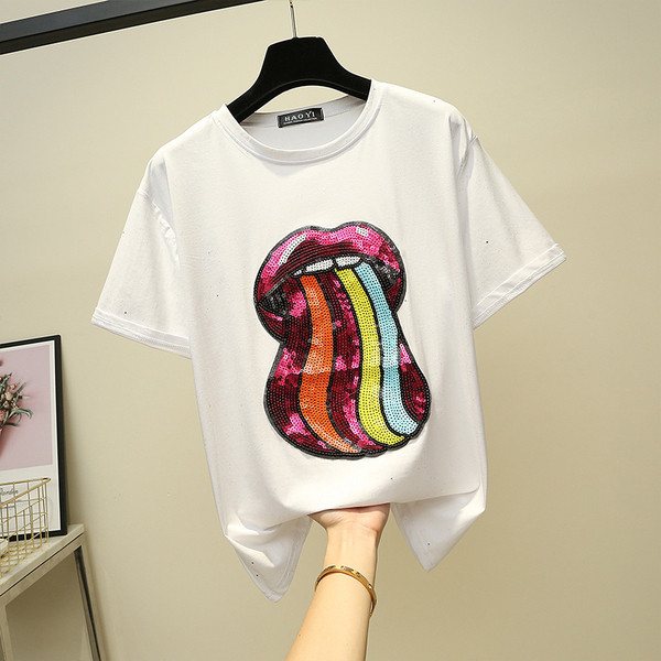 Modern női póló színes flitterekkel, fekete-fehérben