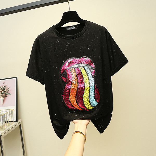 Modern női póló színes flitterekkel, fekete-fehérben