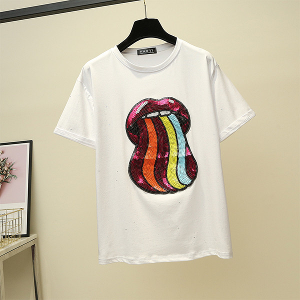 Modern női póló színes flitterekkel, fekete-fehérben