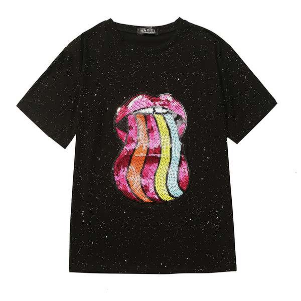 Modern női póló színes flitterekkel, fekete-fehérben