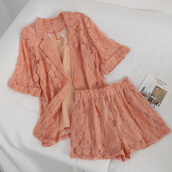 Három részből álló női csipkekészlet zöld és narancs színben