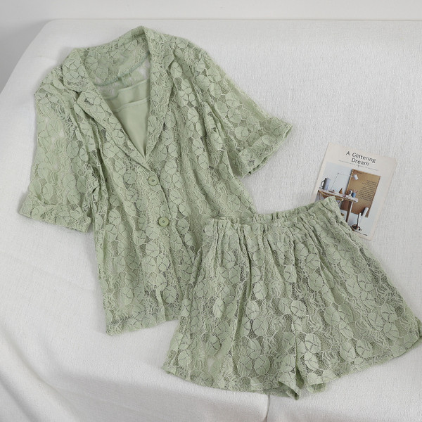 Három részből álló női csipkekészlet zöld és narancs színben