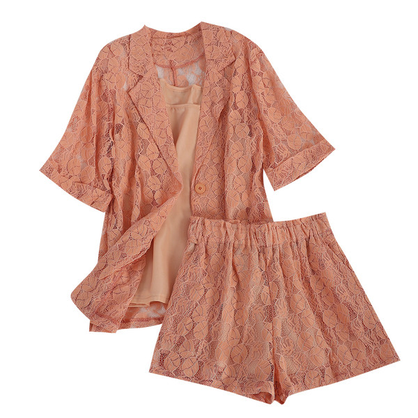 Három részből álló női csipkekészlet zöld és narancs színben