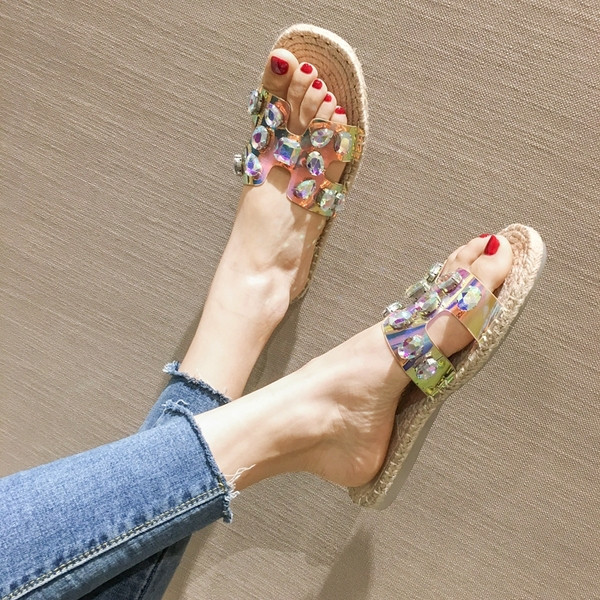 Modern női papucs díszkövekkel két színben lapos talppal