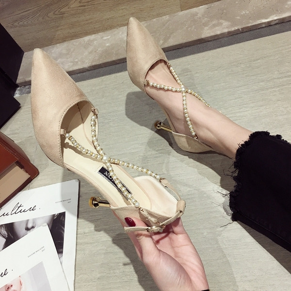 Pantofi de dama eleganti cu toc in mai multe culori cu perle decorative