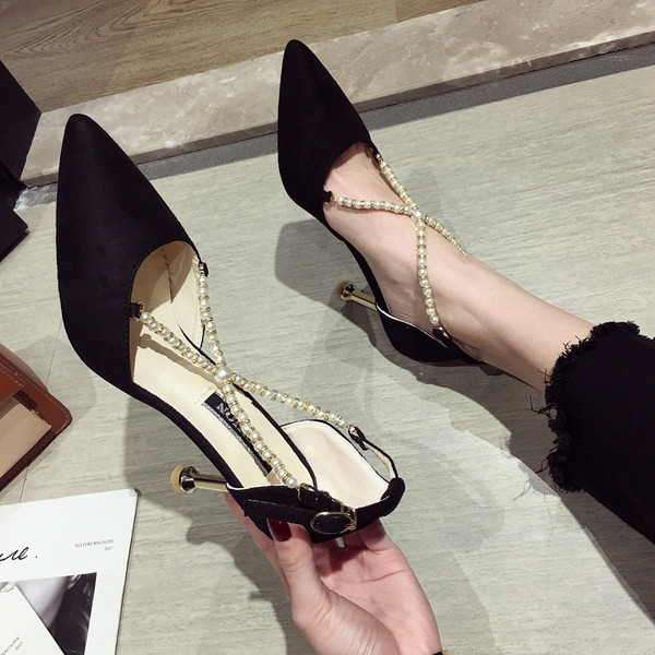 Pantofi de dama eleganti cu toc in mai multe culori cu perle decorative