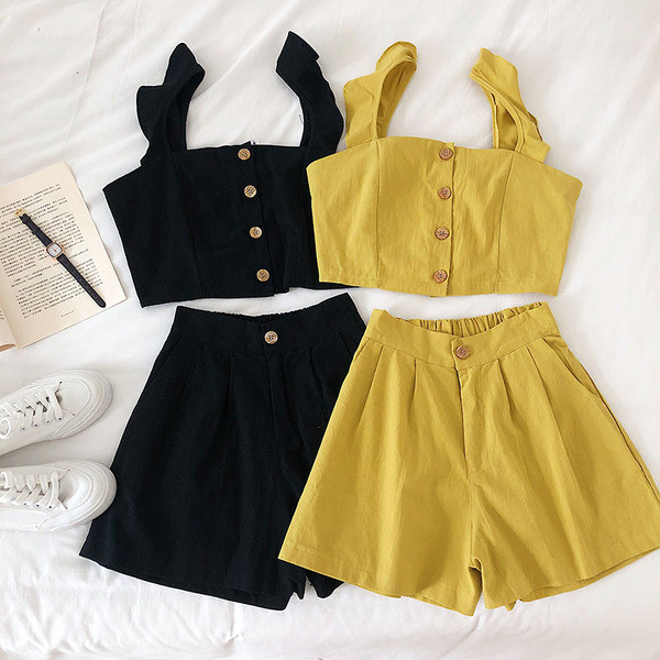 Két részből álló nyári női szett fekete, fehér és sárga színben