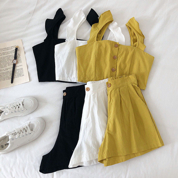 Két részből álló nyári női szett fekete, fehér és sárga színben