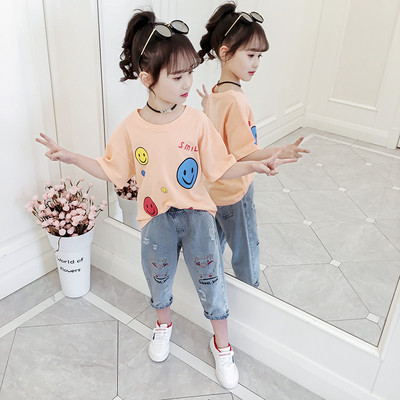 Модерен детски комплект дънки и блуза за момичета