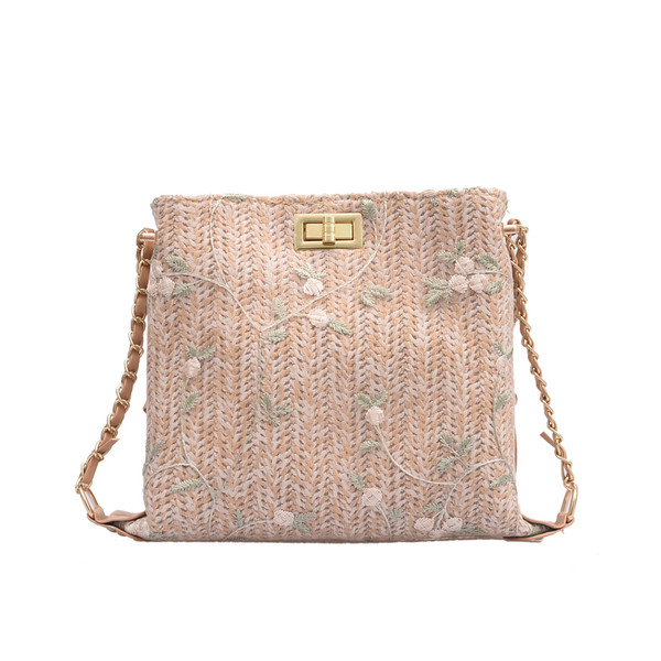 Geanta de dama moderna cu maner lung si broderie florala in doua culori