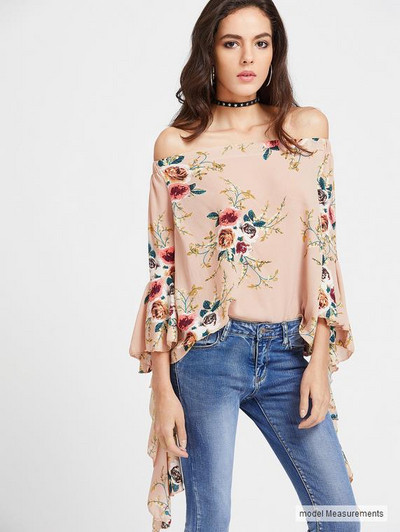 Nyári női blúz lótusz ujjal, virágmintával