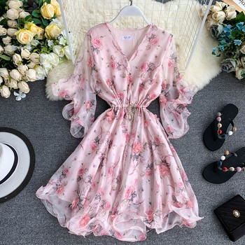 Rochie moderna de dama cu motiv floral si maneci 3/4 in mai multe culori