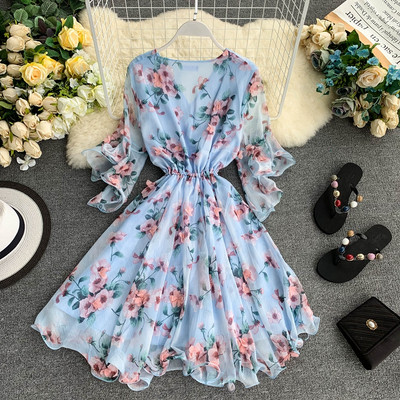 Rochie moderna de dama cu motiv floral si maneci 3/4 in mai multe culori