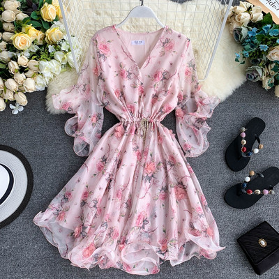 Rochie moderna de dama cu motiv floral si maneci 3/4 in mai multe culori