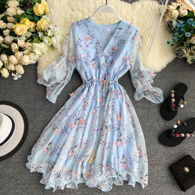 Rochie moderna de dama cu motiv floral si maneci 3/4 in mai multe culori