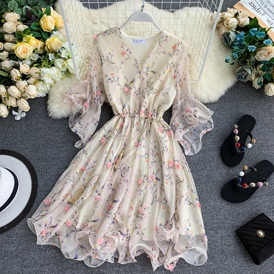 Rochie moderna de dama cu motiv floral si maneci 3/4 in mai multe culori