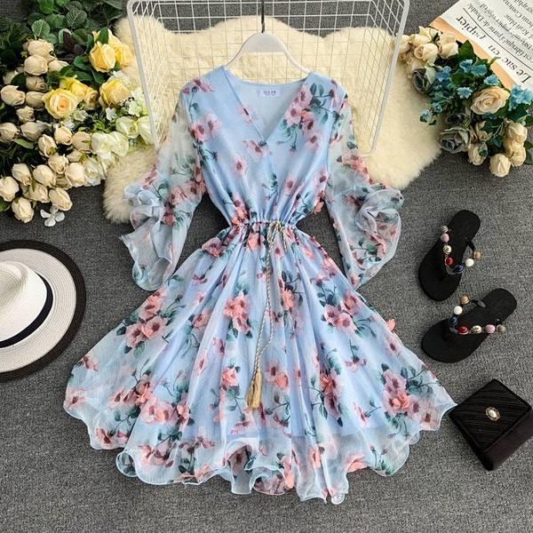 Rochie moderna de dama cu motiv floral si maneci 3/4 in mai multe culori